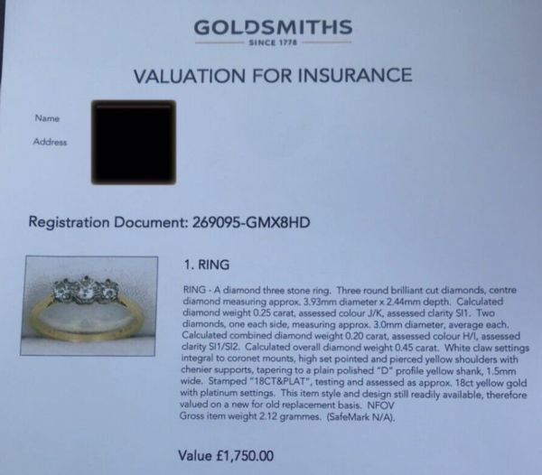 Goldsmiths engagement ring documentation