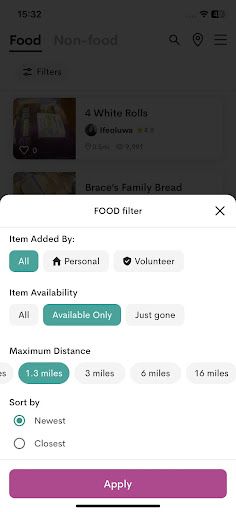 Olio app food filter options