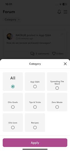 Olio app forum category filter options