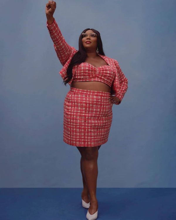 Lizzo wearing a red gingham 2 piece