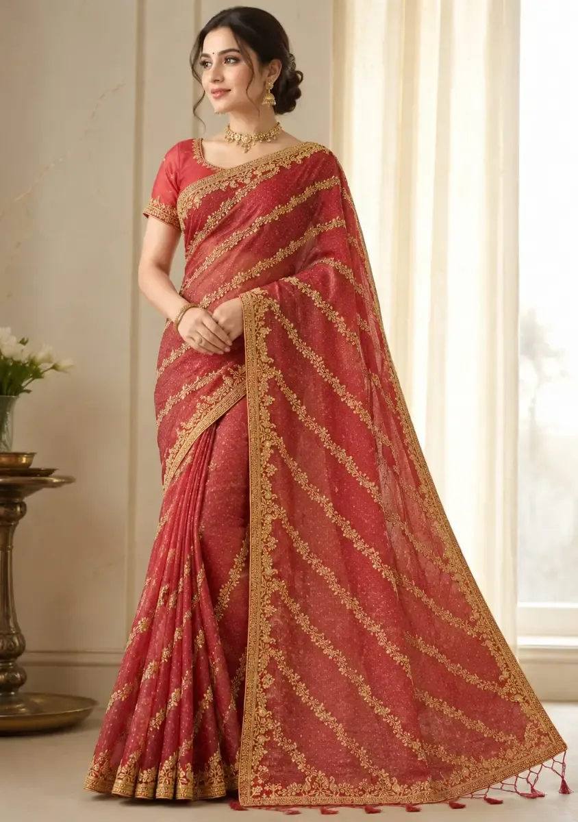 PREMIUIM VISCOSE MAKKHI CHECK  CHUNRI SAREE