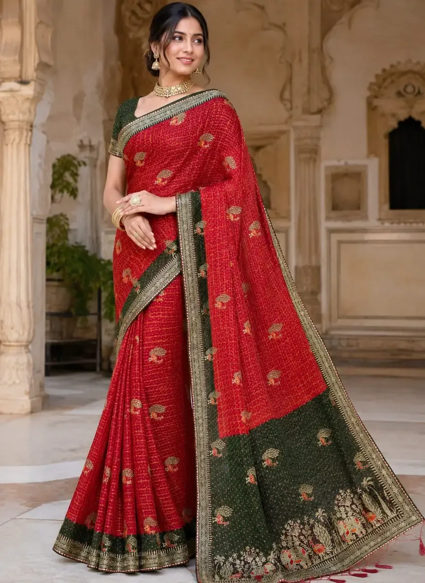 Luxurious Red & Green Viscose Saree with Intricate Jarkan Handwork & Figure Haathi Border