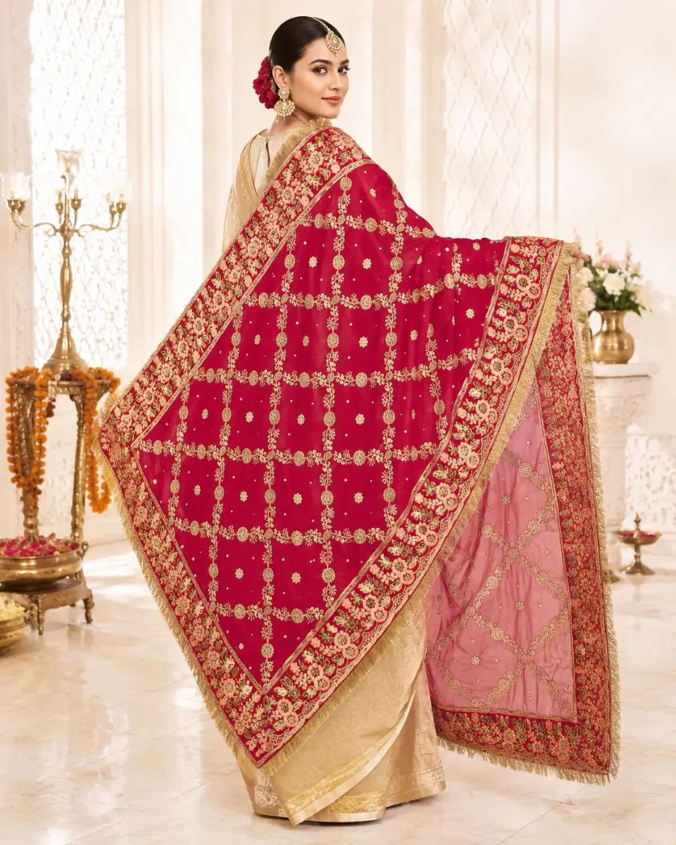 Designer Wedding Dupatta for Women | Heavy Golden Zari Embroidery | Zarkan Hand Work