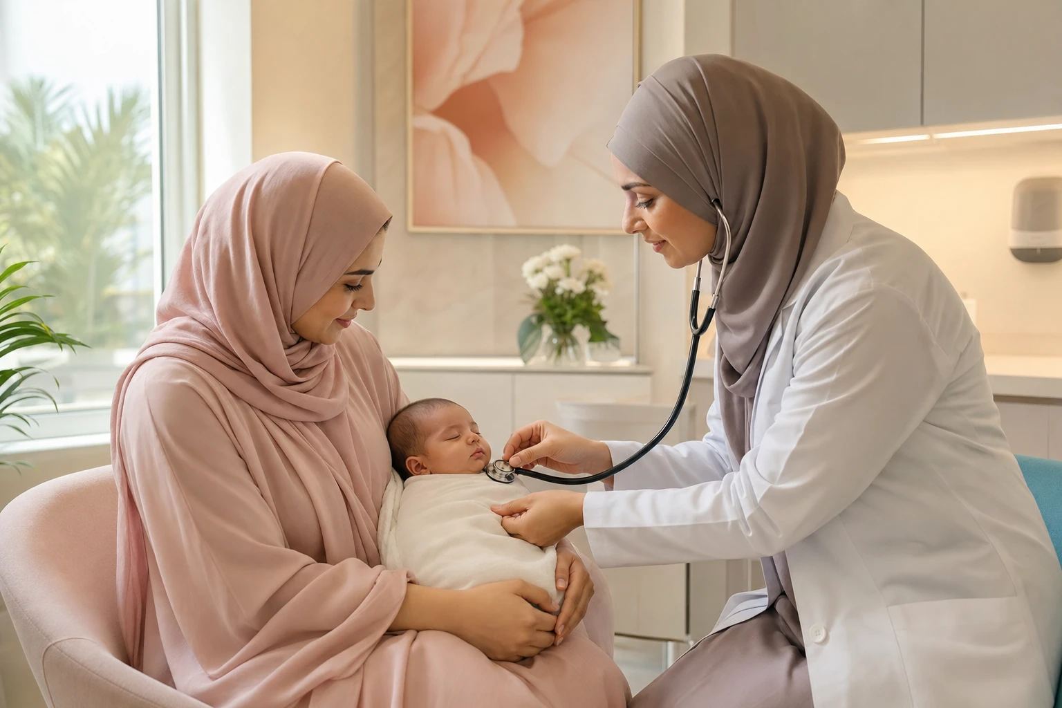 طبيبة أطفال تفحص رضيعا بين ذراعي أمه