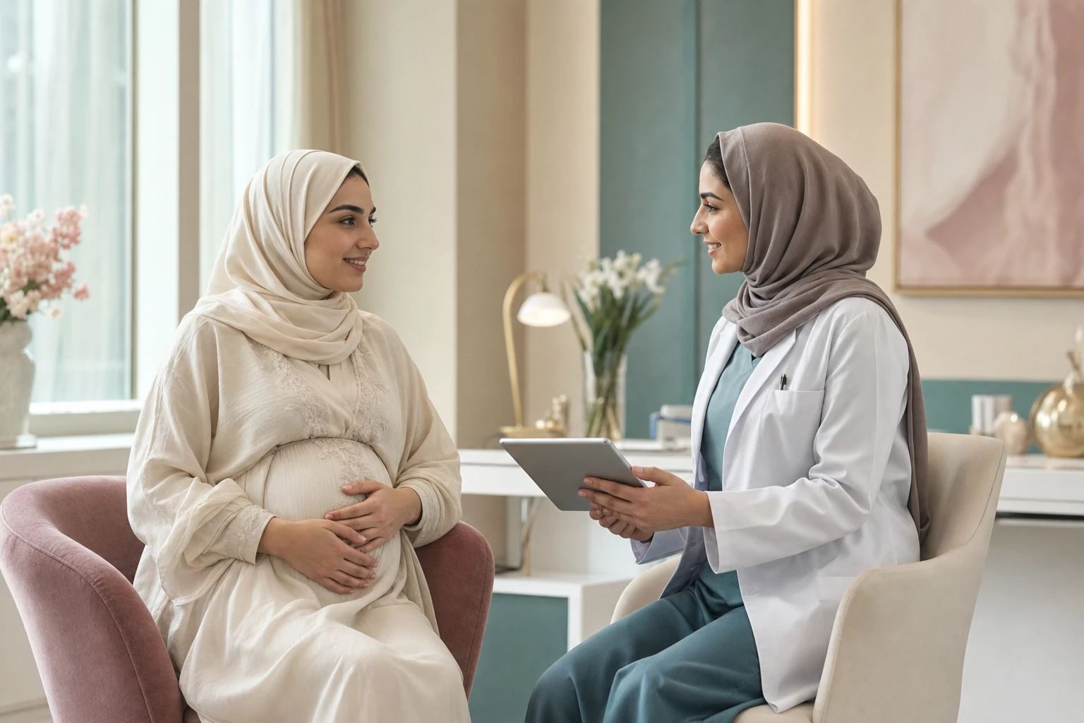 أم حامل مع طبيبتها أثناء متابعة الحمل