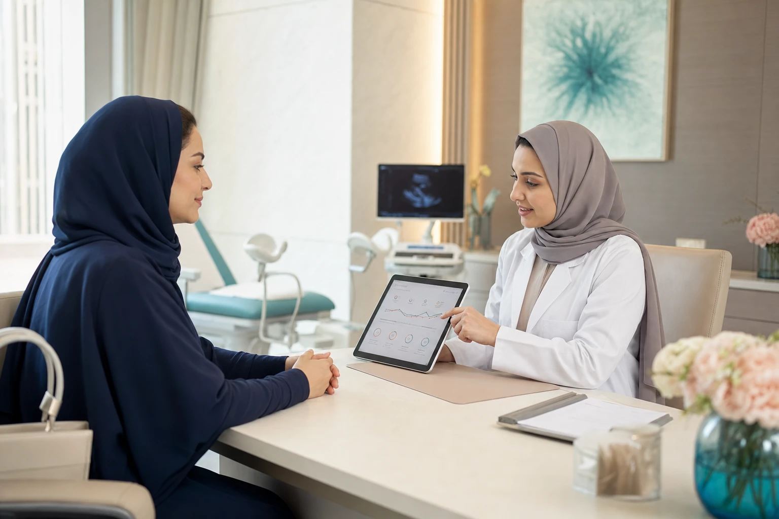 امرأة سعودية تراجع نتائج الفحوصات الوقائية مع طبيبتها