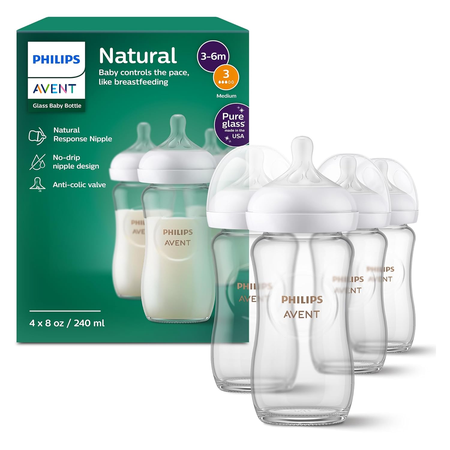 Philips Avent Natural Response Glass Baby Bottles – 4 Pack