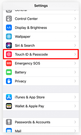 Then turn on "Settings" and slide down the phone until the line "Touch ID and Password" is found.