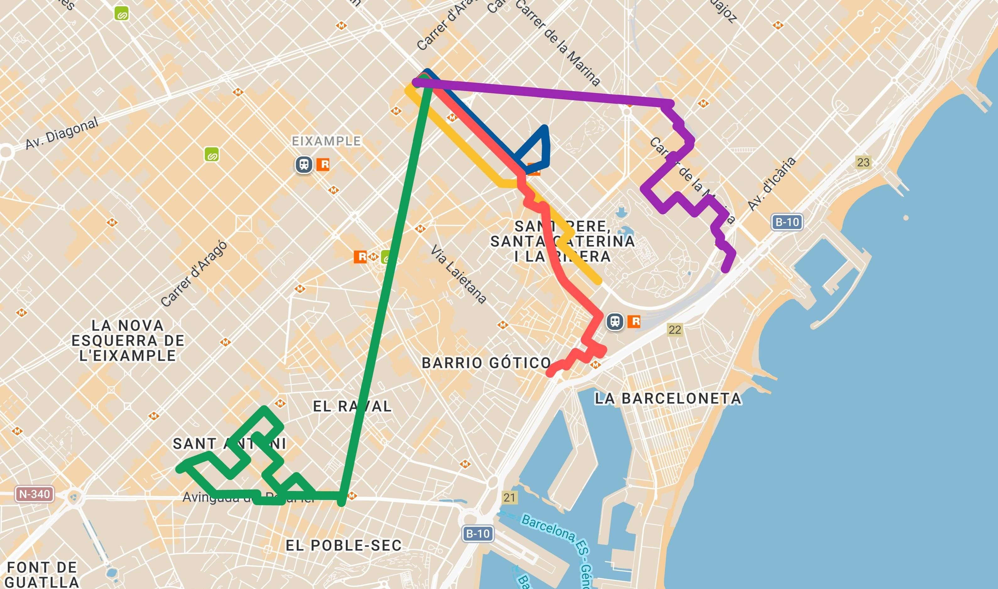Mapa interactivo de Barcelona mostrando las 5 rutas de distribución de No Más Invisibles: Ruta Picasso (amarilla), Ruta Nord (azul), Ruta Francia (roja), Ruta Parallel (verde) y Ruta Villa Olímpica (morada) - cobertura completa de la ciudad
