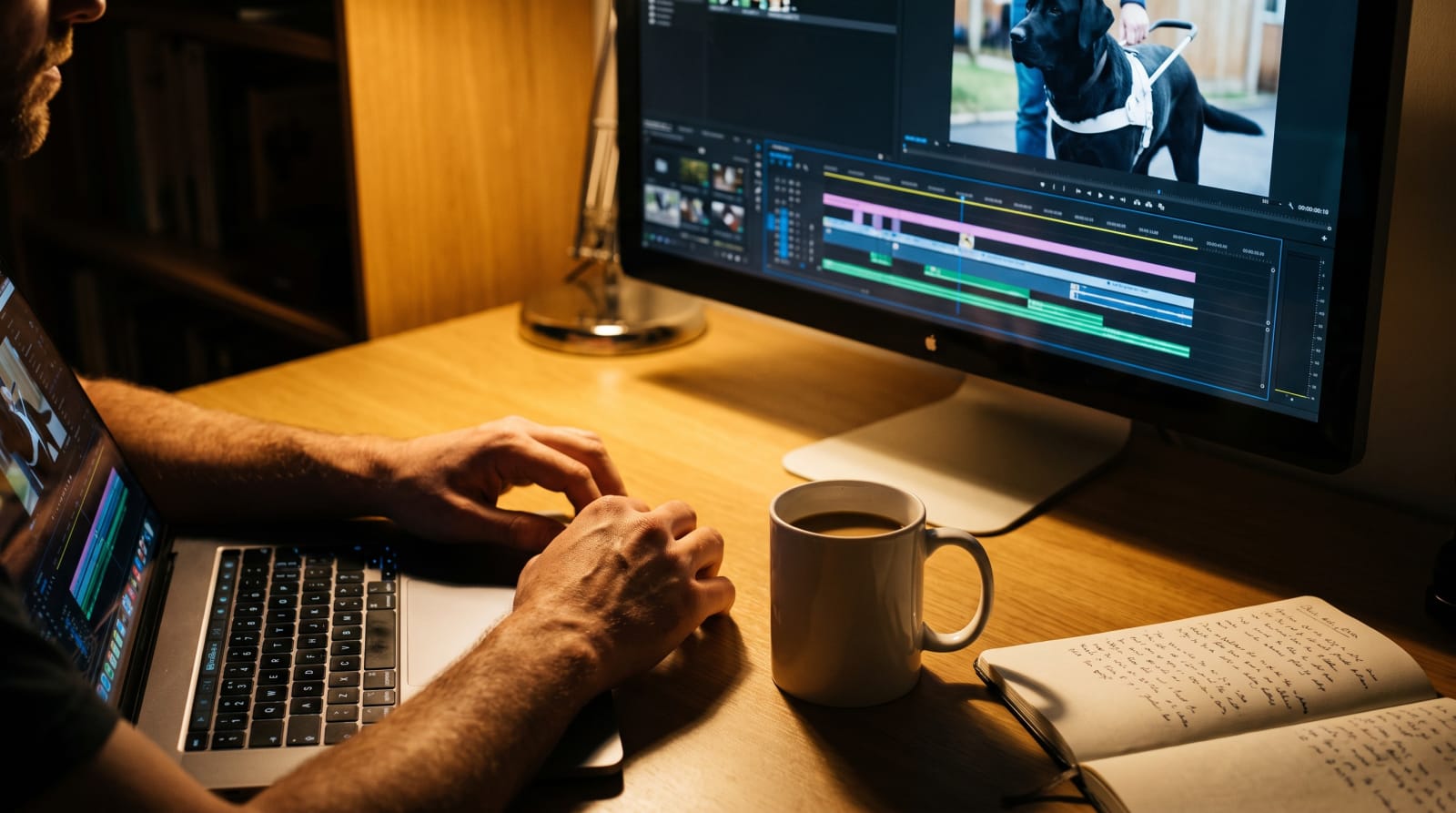 Symbolbild:  Ein  Mann  arbeitet  am  Schreibtisch  an  Laptop  und  großem  Monitor,  auf  dem  eine  Videoschnitt-Zeitleiste  und  ein  Blindenführhund  zu  sehen  sind