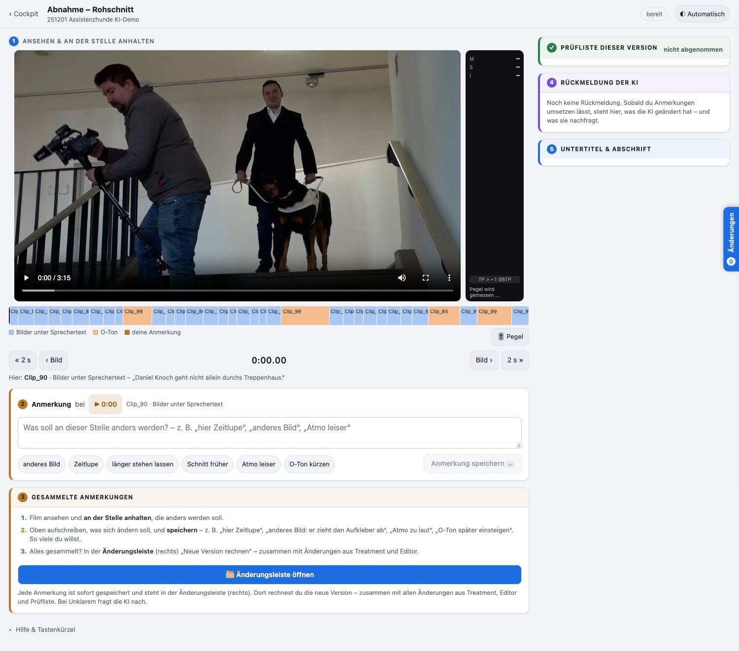 Die  Abnahme-Ansicht  des  KI-Schnittplatzes:  Videoplayer  mit  dem  Rohschnitt,  darunter  die  farbige  Zeitleiste  der  Einstellungen  und  ein  Feld  für  Anmerkungen  an  der  Stelle