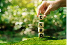 Hand stacking cubes with green trees in the background