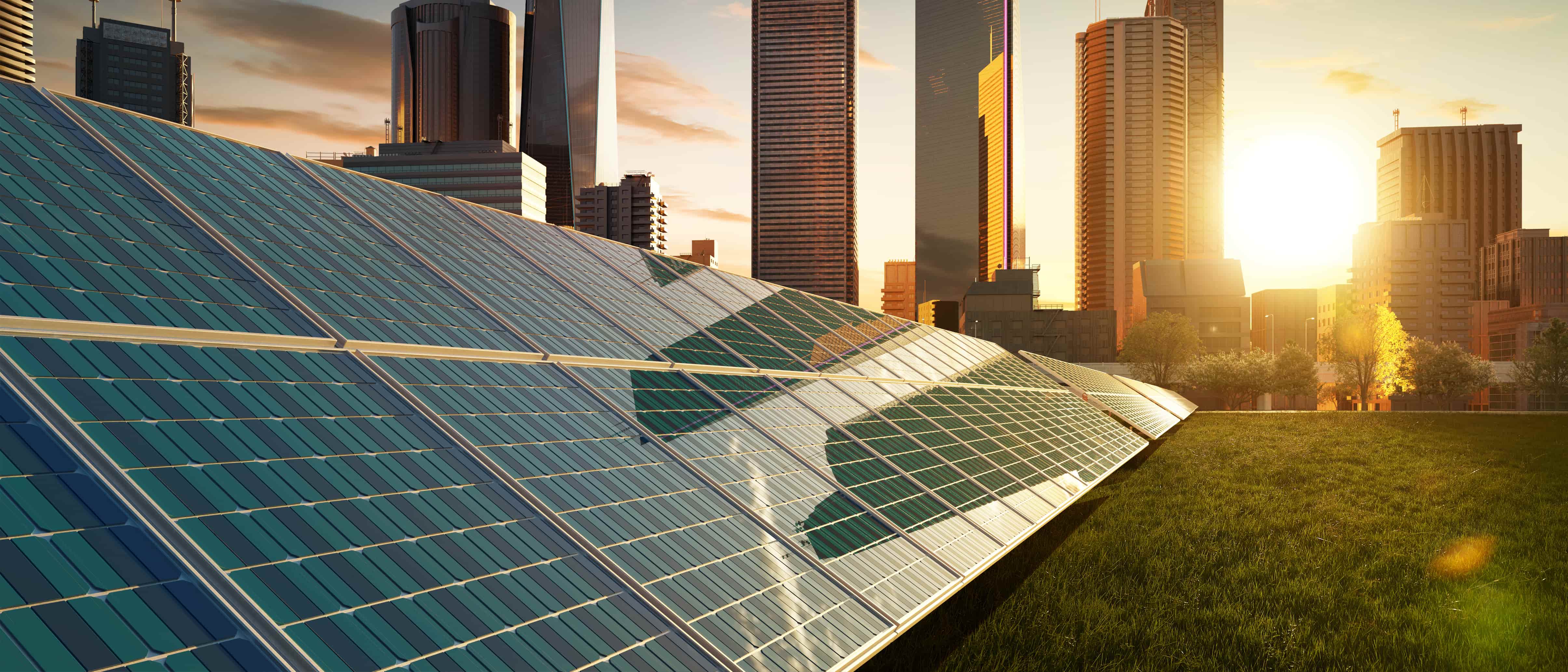 solar panes with downtown city background