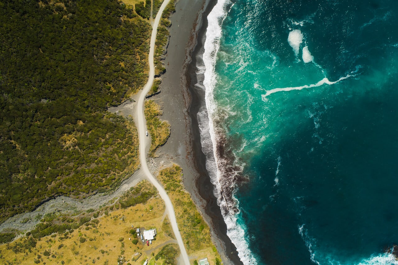 aerial view of beach and ocean