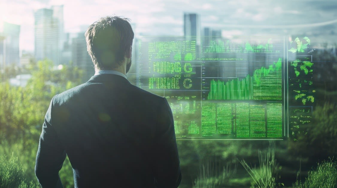 Man looking out a window in an office with digital overlay