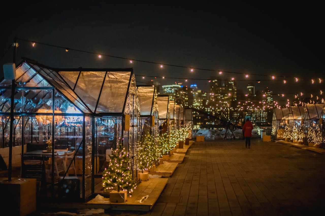 https://www.pexels.com/photo/illuminated-festive-street-with-glass-cafe-6315309/ Photo by Uriel Mont on Pexels