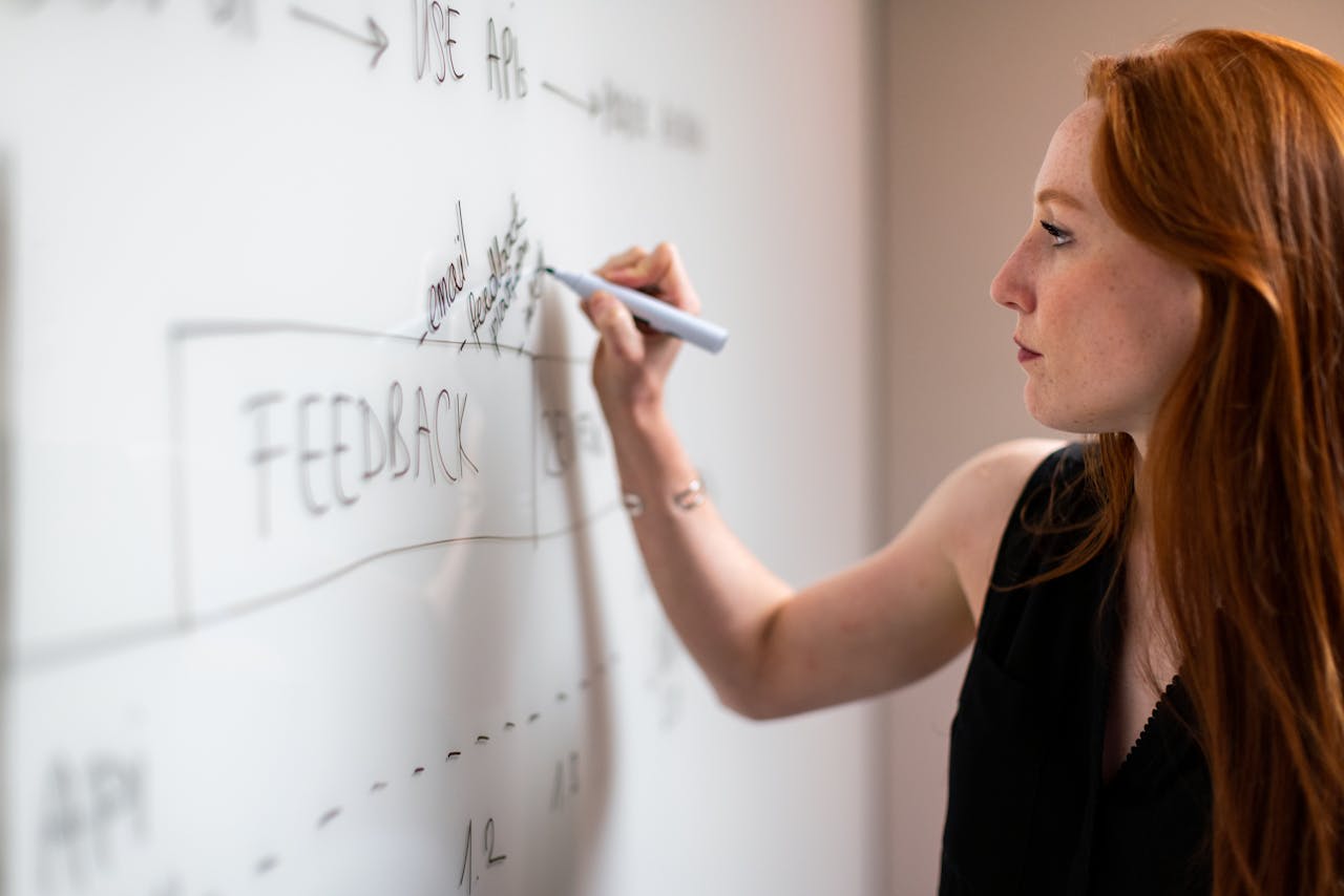 Photo by ThisIsEngineering: https://www.pexels.com/photo/woman-in-black-sleeveless-top-writing-on-whiteboard-3861970/ 