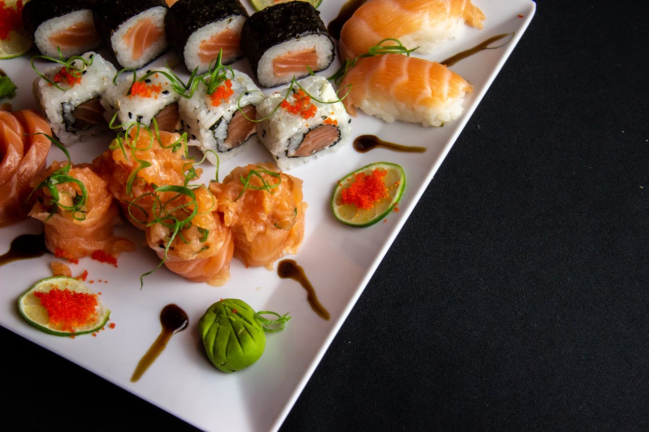 https://www.pexels.com/photo/white-ceramic-plate-filled-with-sushi-3763816/  Photo by Horizon Content on Pexels 