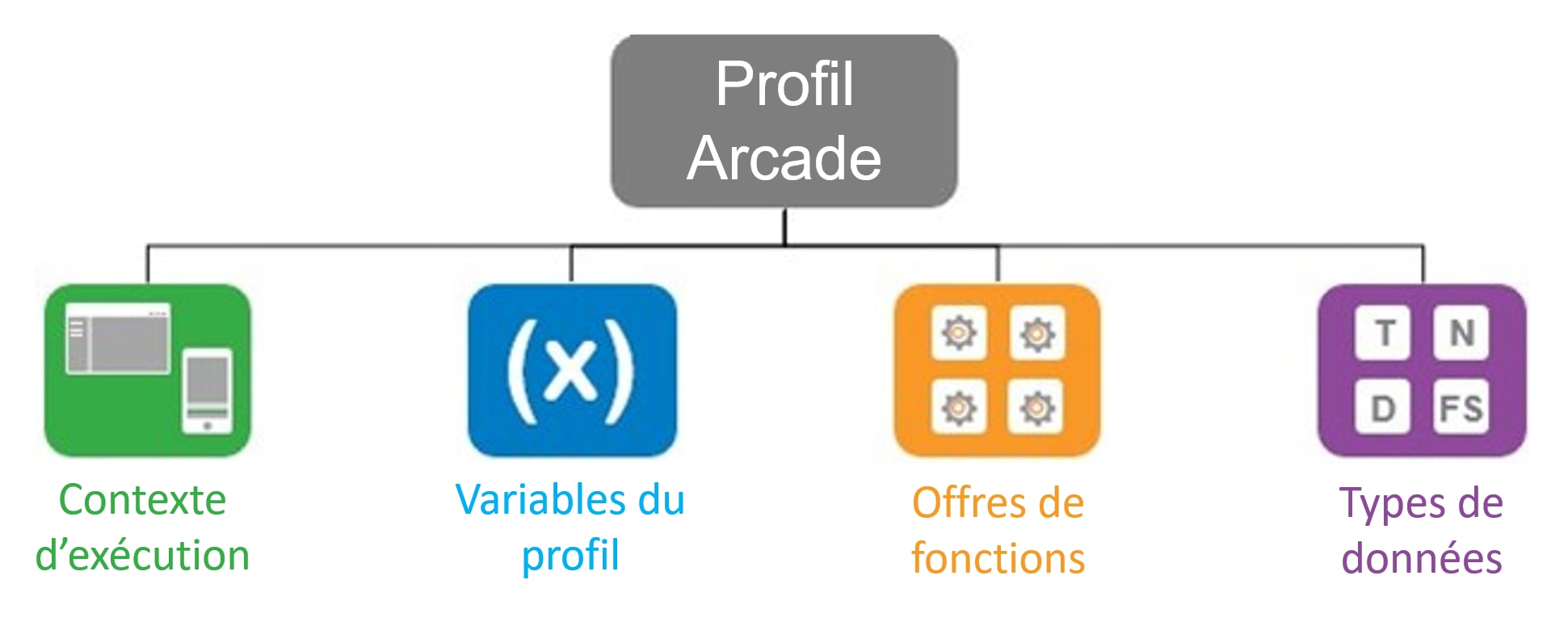 Un diagramme hiérarchique avec les mots « Profil Arcade » au sommet. Quatre éléments découlent du niveau supérieur de la hiérarchie. Le premier, intitulé « Contexte d’exécution », est représenté par une fenêtre d’application et un appareil mobile sur un fond vert. Le deuxième, intitulé « Variables du profil », est représenté par une variable x entre parenthèses sur un fond bleu. Le troisième, intitulé « Offres de fonctions », est représenté par quatre roues d’engrenage assemblées en mosaïque sur un fond orange. Le dernier élément, intitulé « Types de données », est représenté par les lettres T, N, D et FS disposées en mosaïque sur un fond violet.