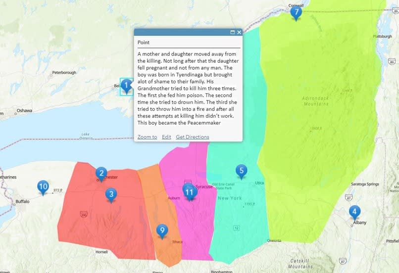 Une carte montrant les emplacements des événements au cours de la fondation de la Grande Loi de la Paix pour les Nations Hodinohso:ni.