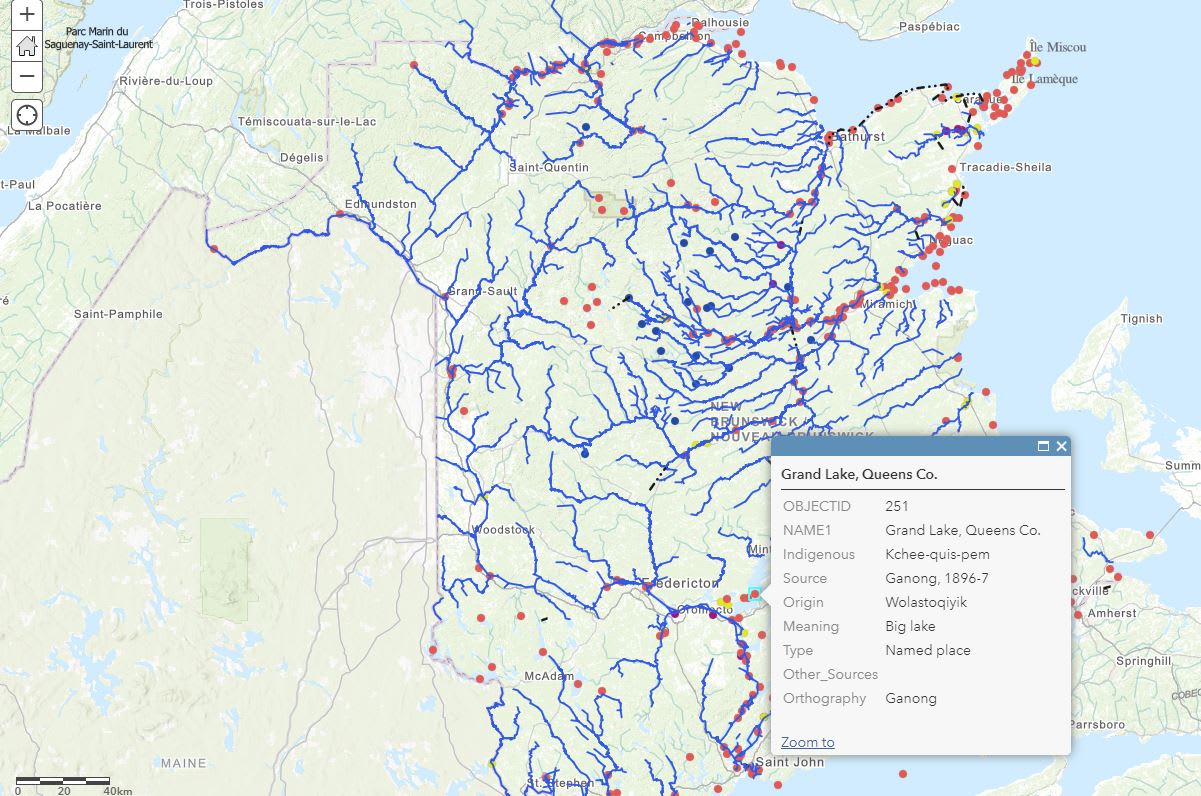 Une carte montrant les cours d’eau et les monuments du Nouveau-Brunswick à travers le prisme des premiers habitants.