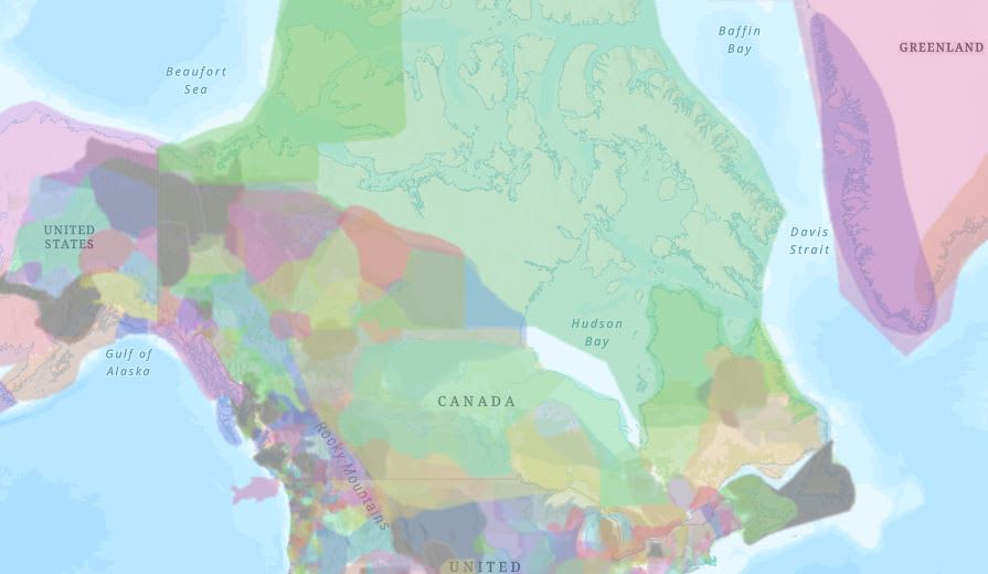 Carte montrant les territoires autochtones au Canada.