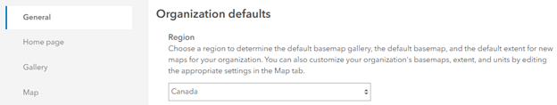 ArcGIS Online “Organizational Defaults” section in the General Settings