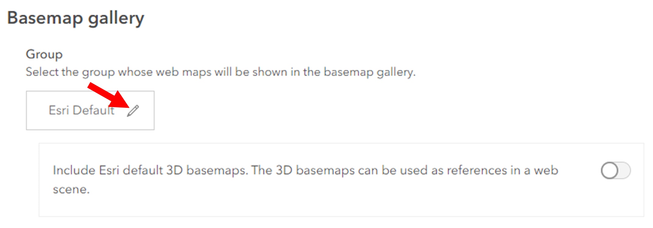 Edit button for the group drop-down menu in the Basemap gallery ArcGIS Online settings