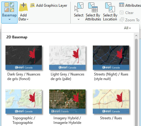 The Basemap options available in ArcGIS Pro