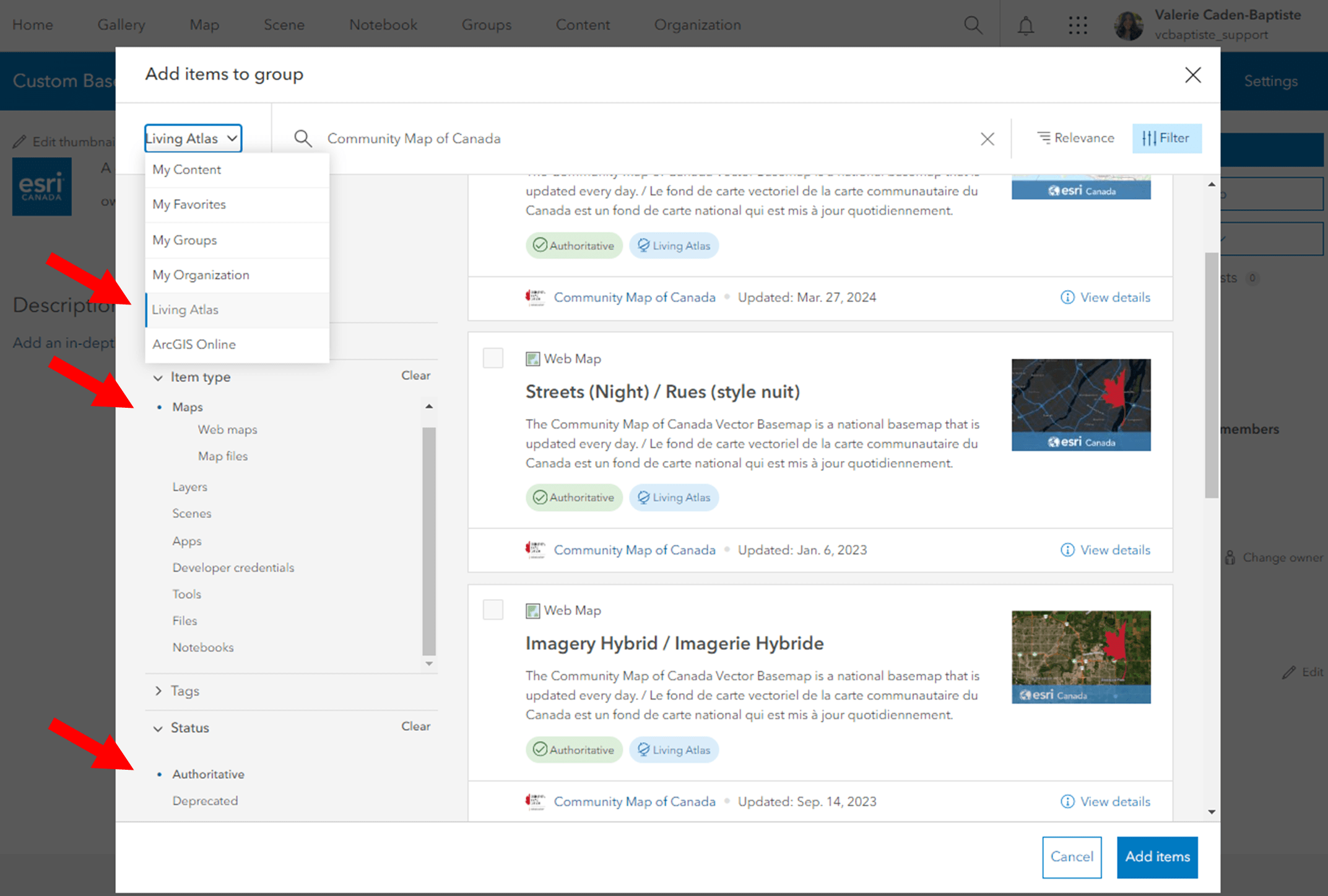 Configuration settings to search for the six standard styles for the Community Basemap of Canada in the Living Atlas