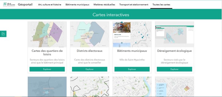 Screenshot of an ArcGIS Hub site. Image shows a typical website interface with category tabs at the top of the screen and eight (8) tiles that users can click on to access each map. Examples of applications include an electoral districts map, a municipal buildings map, and a map of winter snowplowing. 