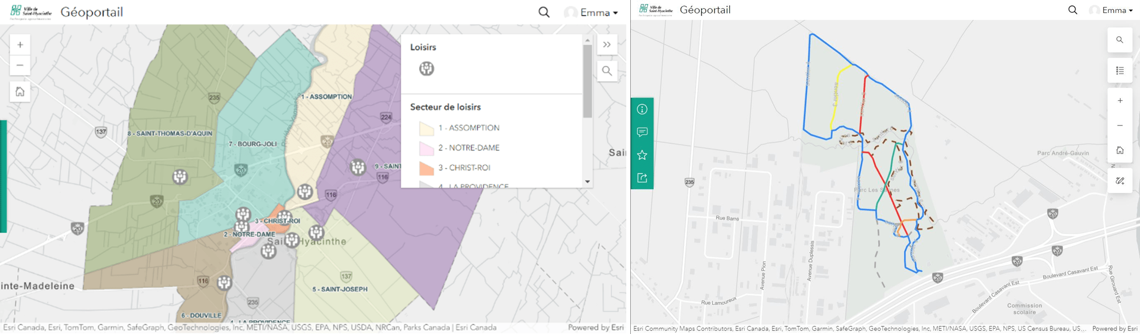 Captures d’écran montrant des cartes avec des polygones vectoriels et des lignes superposées afin d’illustrer les entités utilisées dans les applications du site ArcGIS Hub de la Ville de Saint-Hyacinthe.