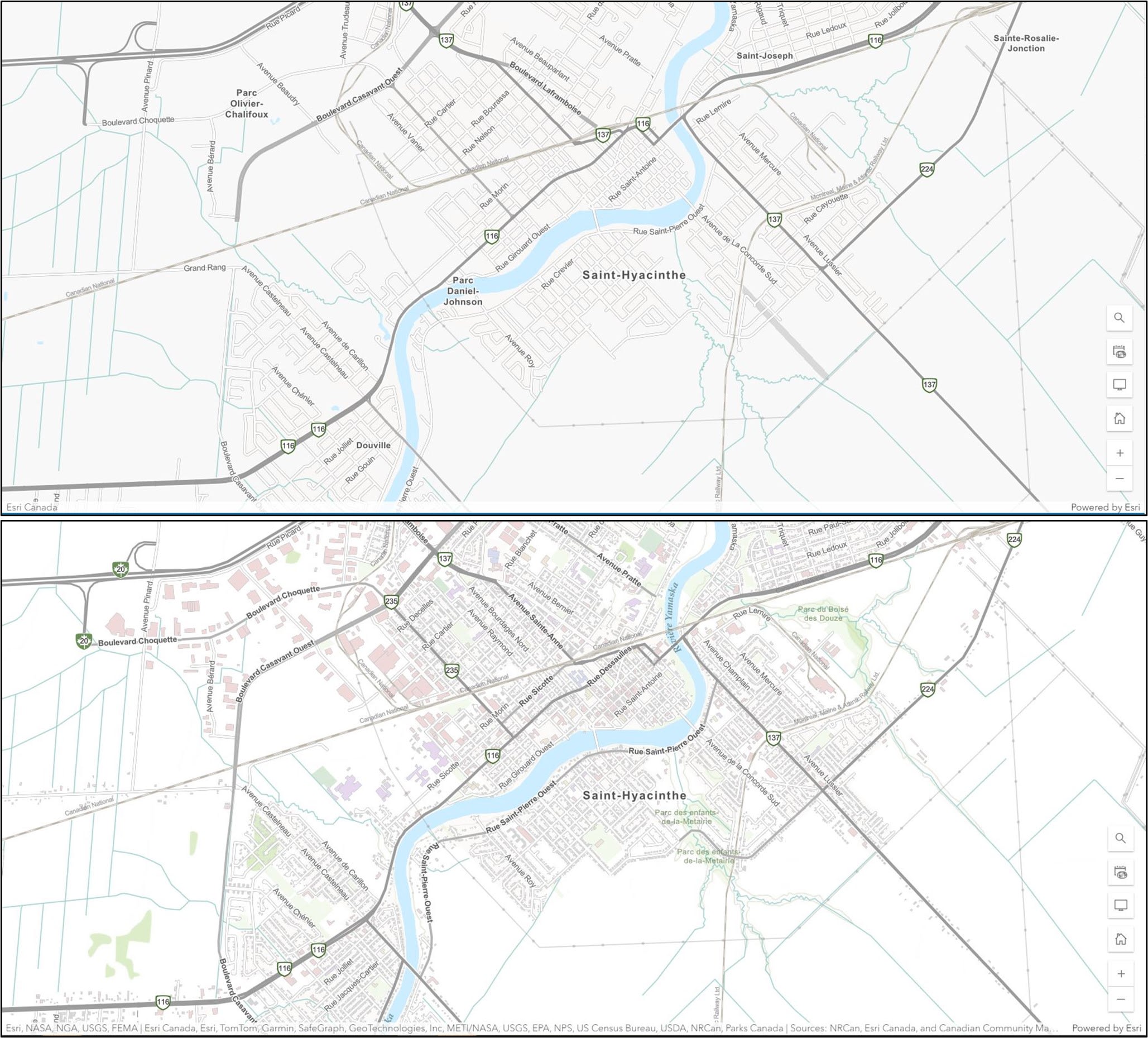 Comparison images of two topographic maps at the same place (the city of Saint-Hyacinthe, Québec, comparing the map before and after it was filled in with data. The top image shows the map emptier than the bottom image, which is more filled in with building footprints and parks data. 