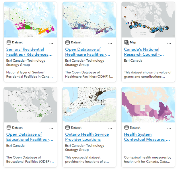 Deux rangées de trois fiches, chacune présentant des données tabulaires, et certaines, des cartes sur fond gris. Il s’agit de vignettes sur des applications et des données SIG. Une fiche montre une image de Toronto. Voici les applications et les ensembles de données répertoriés : Résidences pour aînés, base de données ouvertes sur les établissements de soins de santé, subventions du Conseil national de recherches du Canada, base de données ouvertes sur les établissements d’enseignement, emplacements des fournisseurs de services de santé de l’Ontario et mesures contextuelles du système de santé.