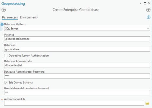Geoprocessing tool dialog for creating an enterprise geodatabase showing the parameters for the database administrator credentials