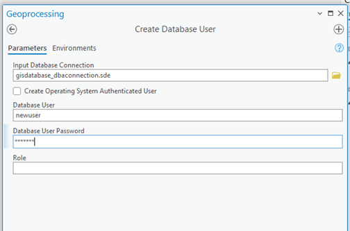 Geoprocessing tool dialog for creating a new database user. The Input Database Connection file is using a system administrator user. 