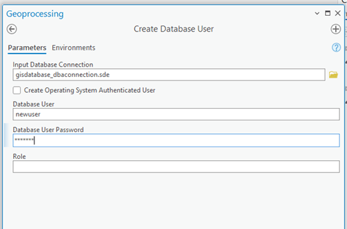 Boîte de dialogue d’un outil de géotraitement pour la création d’un nouvel utilisateur de base de données. Le fichier de connexion à la base de données en entrée utilise les justificatifs d’identité de l’administrateur de système. 