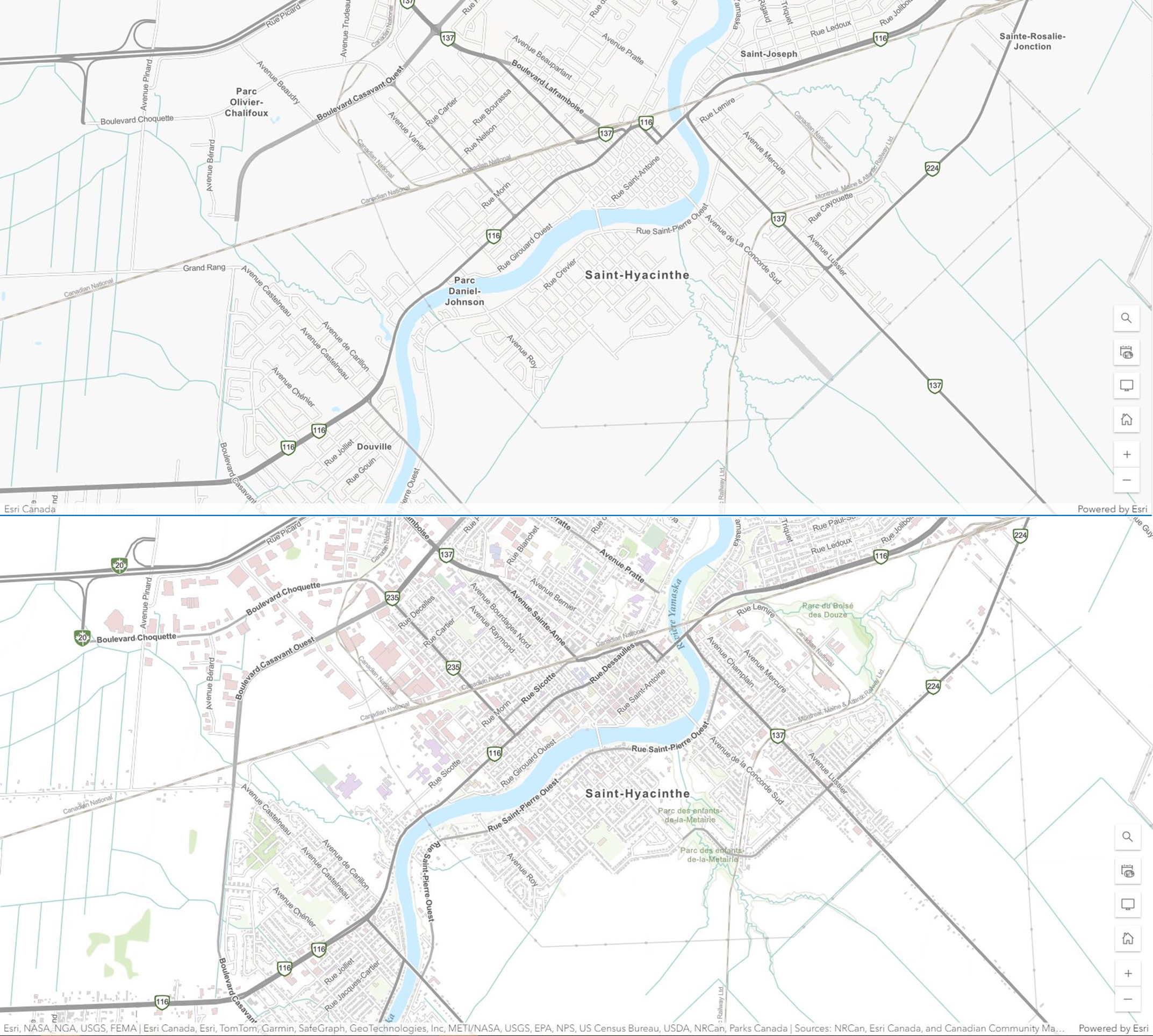 Screenshots of a map showing Saint-Hyacinthe, Québec, missing many pieces of information (above) compared to a city filled-in on the map (below).