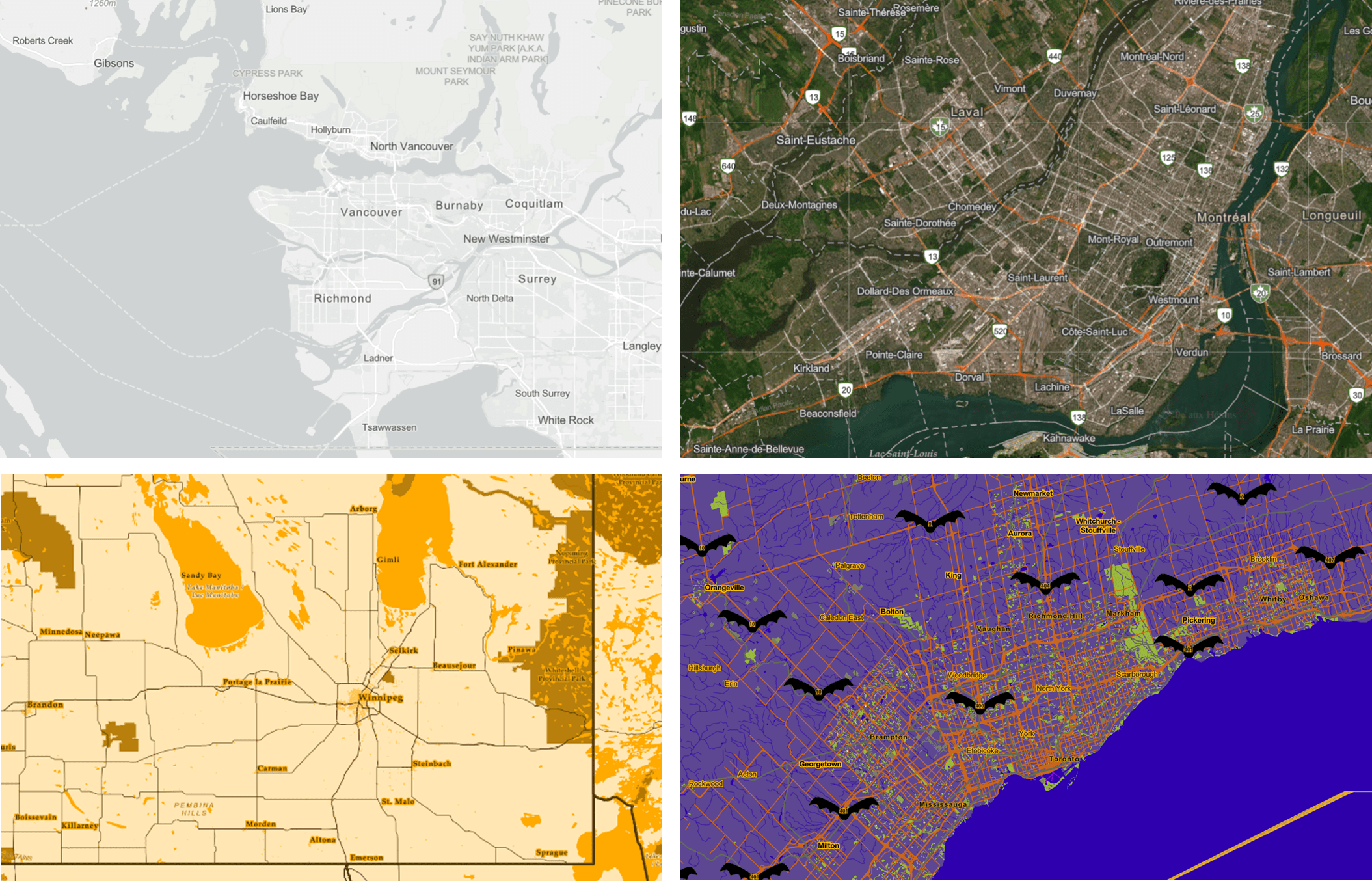 Screenshots of four creative custom basemap styles created by the Community Map of Canada team. Clockwise from top left, the maps include a Light Grey Topographic basemap style, Hybrid Imagery basemap style, a spooky purple Halloween basemap style with bat highway symbols, and a honey-coloured yellow honeybee basemap style.