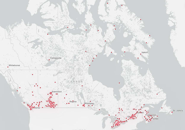 Map showing the locations of the 400+ Community Map of Canada contributors as of June 2024. The basemap is light grey and the location points are bright red. They are mostly clustered in southern Canada, especially BC, Alberta, Ontario, and Québec, as well as many between Nova Scotia and New Brunswick. 