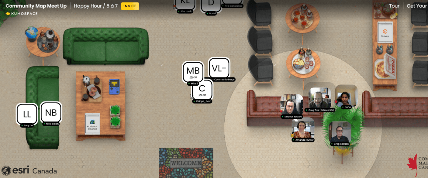 Screenshot from Kumospace – a virtual meeting forum that looks like a party room. Members have a sound radius, there are virtual couches and even virtual food on tables. There are about a dozen members within this image’s range. 