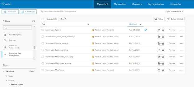 Capture d’écran de la page de contenu dans ArcGIS Online montrant le dossier Stormwater Data Management filtré par couches d’entités. Le dossier contient deux couches d’entités hébergées et cinq vues de couches d’entités hébergées.