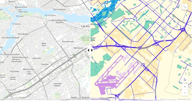 Capture d’écran montrant une juxtaposition de deux cartes : l’une est un fond de carte topographique ordinaire, et l’autre a été modifiée pour en accroître les contrastes afin qu’elle soit visuellement plus accessible.