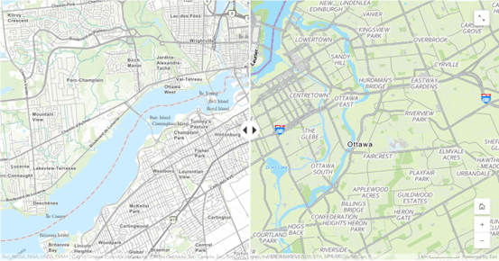 Capture d’écran montrant une juxtaposition de deux cartes : l’une est un fond de carte topographique ordinaire, et l’autre a été stylisée pour ressembler à une carte d’Apple Maps.