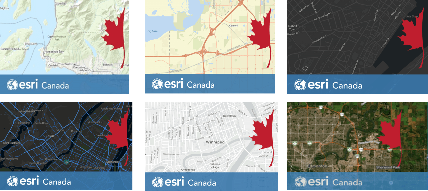 A screenshot showing the six tiles of the basemap styles. Five of them are variations of the Topographic basemap (some are dark black themed, some are light grey) and the sixth basemap is an imagery map. All have a red half maple leaf logo and blue banner denoting ‘Esri Canada’. 