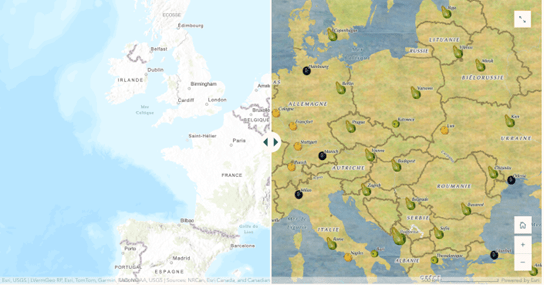 A comparison between a basic topographic basemap and a basemap that has been styled to look like an oil painting drawing on artwork by Paul Cézanne. 