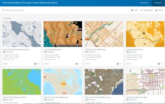 A screenshot showing eight tiles of creative basemap styles. 