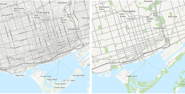 A screenshot showing a juxtaposition between two maps; one a regular topographic basemap style and one that has been simplified to reduce visual clutter.