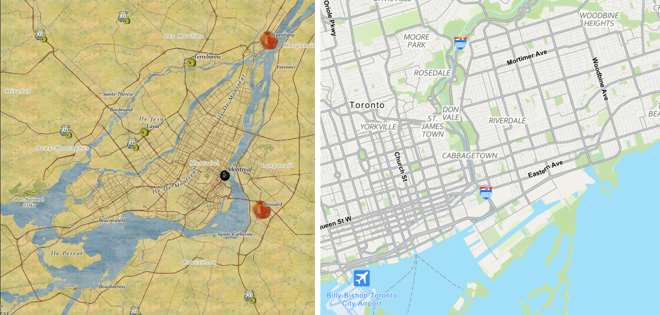 Deux cartes – l’une qui ressemble à une peinture à l’huile de Paul Cézanne et l’autre qui est inspirée de l’allure d’Apple Maps.