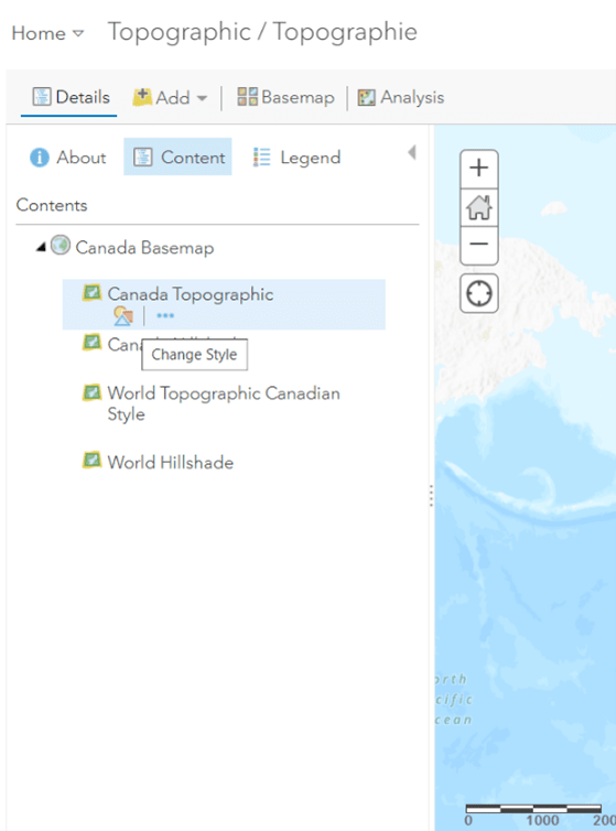 Capture d’écran montrant l’interface d’ArcGIS Online Map Viewer Classic permettant d’accéder à l’outil ArcGIS Vector Tile Style Editor. Pour ce faire, cliquez sur le bouton « Change Style » (changer le style) sous Details>>Contents>>Canada Basemap>>Canada Topographic (détails>>contenus>>fond de carte Canada>>topographie du Canada). 